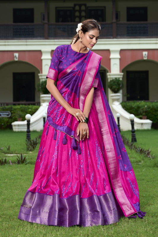 Rani Pink & Purple Coloured Dola Silk & Shibori Print with Zari Weaving Border Women Ethnic Festival wear Lehenga Choli & Dupatta!!