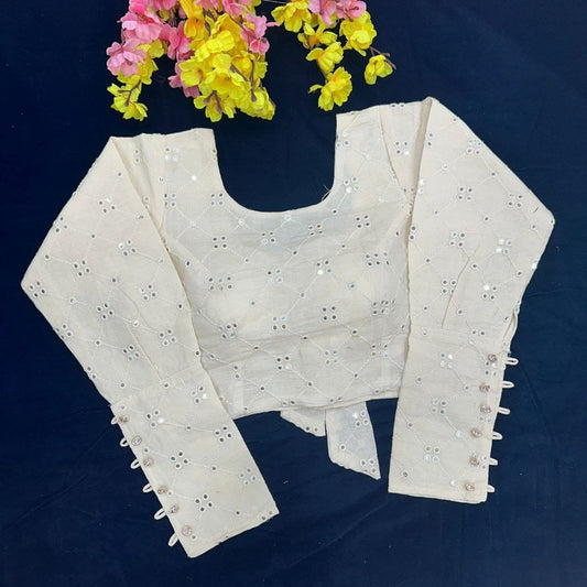 White Coloured Pure Camric Khadi Cotton with Multi Sequence Thread n Embroidery Woman Designer Ethnic/Partywear Ready made Blouse - 38 Size Fits Up to 40 Inch!!