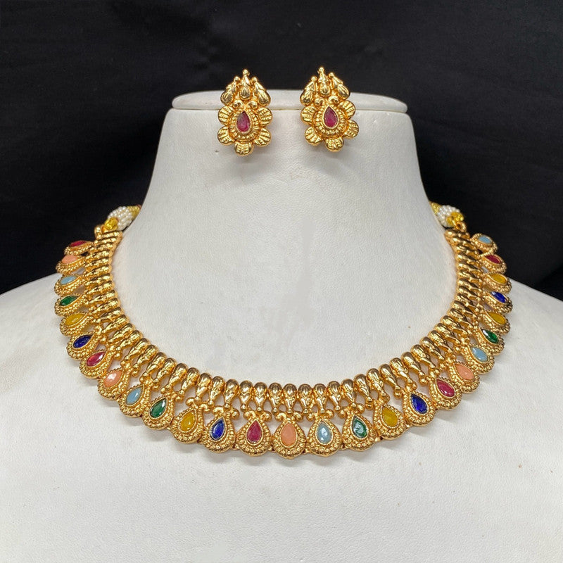 Gold & Multi Coloured Pure Brass with Real Kundan Stones Women Designer Gold Plated Choker with Earrings Set!!