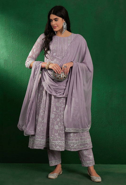 Lavender Coloured Thread Sequence Mirror Work Embroidered Women Designer Party/Casual wear Kurta With Pant & Dupatta Set!!