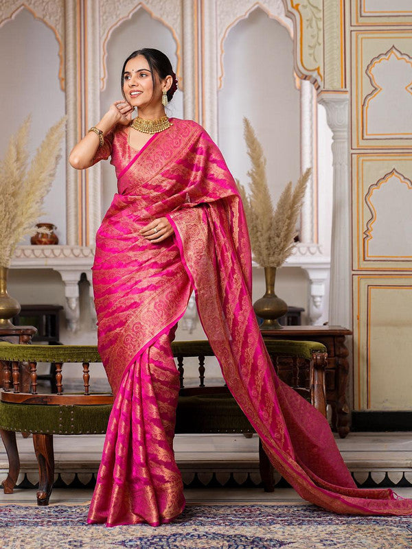 Dark Pink Coloured with Rich Pallu Dual Tone Tassels, Zari & Sequence Work Women Ethnic/Festival wear Organza Silk Saree with Brocade Blouse!!