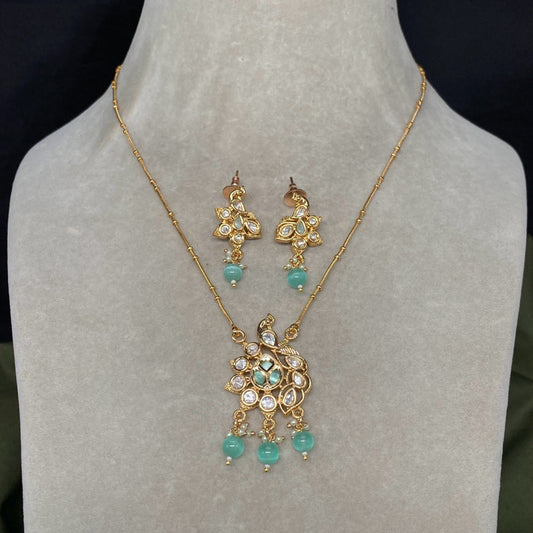 Gold & Aqua Blue Coloured Pure Brass and Copper Women Designer Gold Plated Pendent Necklace with Earrings Set!!