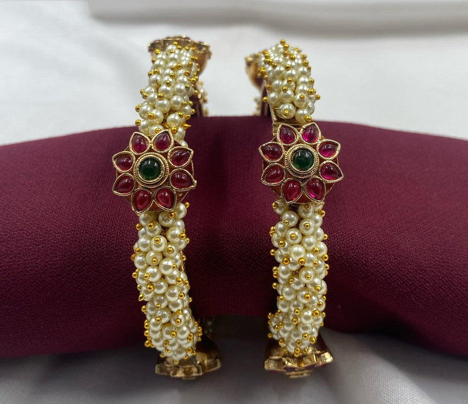 Gold with Maroon Coloured Pure Brass with Kundan Campo Pearl & One Gram Gold Plated Women Designer Beautiful Bangales Openable Kada Set!!