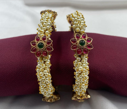 Gold with Maroon Coloured Pure Brass with Kundan Campo Pearl & One Gram Gold Plated Women Designer Beautiful Bangales Openable Kada Set!!