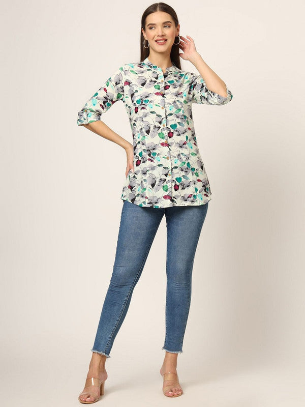 Multi Coloured Rayon with Floral print Mandarin collar roll-up sleeves Women Party/Daily wear Western Shirt Style Top!!