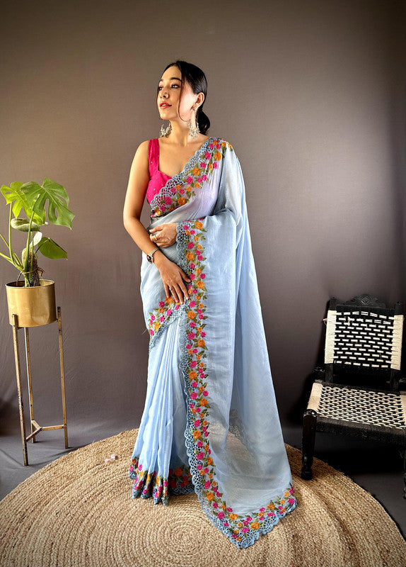 Sky Blue Coloured Crunchy with Thread & Malti Color Embroidery Work with Cutwork Border Women Party/casual wear Fancy Saree with Blouse!!