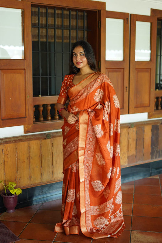 Orange with White Coloured Soft Cotton Crape with Zari Woven Pattu Border & Batik Printed Women Party/Festival wear Cotton Crape Saree with Blouse!!