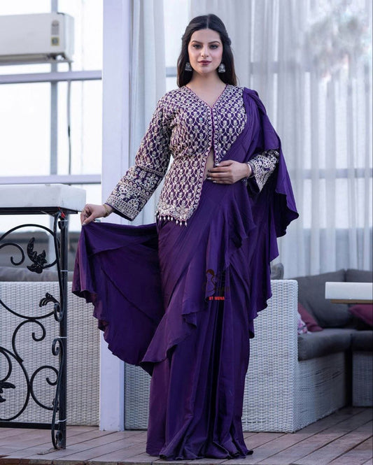Purple Coloured Apple Organza with Embroidery cording work Women Designer Fancy Ready to wear Saree with full Koti!!