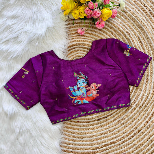 Purple Coloured Pure silk with Antique Handcrafted Work & Sri Krishna Print Woman Designer Ethnic/Partywear Ready made Blouse - 38 Size Fits Up to 42 Inch!!