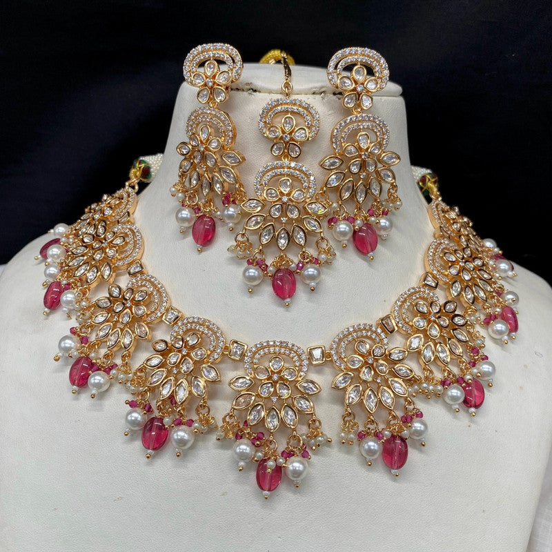 Gold & Dark Pink Coloured Pure Brass and Copper with Reverse American Diamond Stones Women Designer Gold Plated Necklace with Earrings Set & Mataha Patti!!