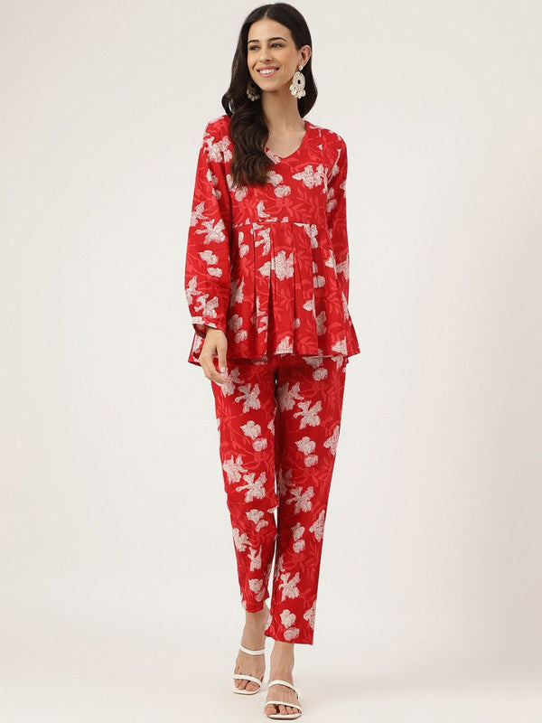 Red & White Coloured Pure Cotton Floral Printed V-Neck Peplum Women Party/Daily wear Western Top with Trousers Co-Ords!!