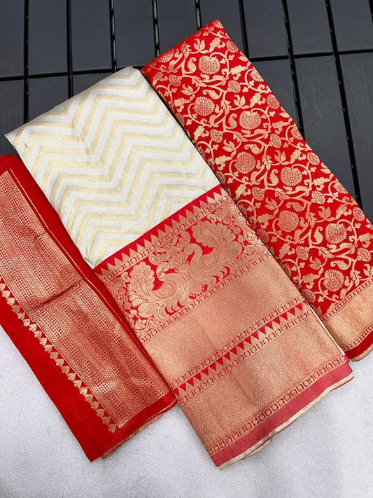 Red & Cream Coloured Kanjivaram Pattu Silk with Zari Women Ethnic Party wear Lehenga choli ( Half Saree) & Banarasi Silk Dupatta!!