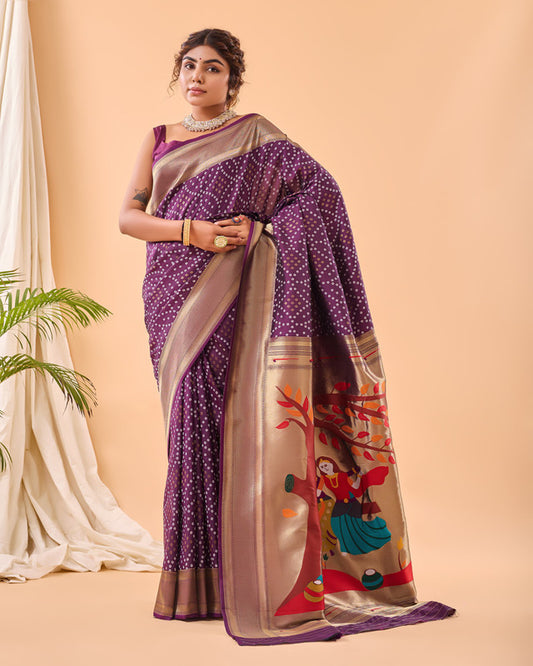 Wine & Multi Coloured Pure Heavy Bandhani weaving with Paithani pallu Women Ethnic/Party wear Silk Saree with Blouse!!