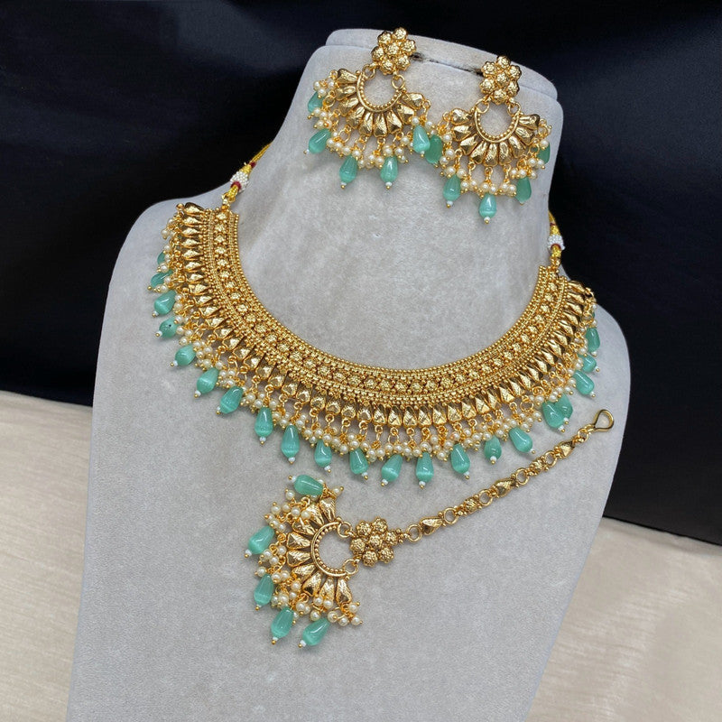 Gold & Aqua Blue Coloured Pure Brass and Copper with Real Kundan Women Designer Gold Plated Necklace with Earrings Set & Matha Patti!!