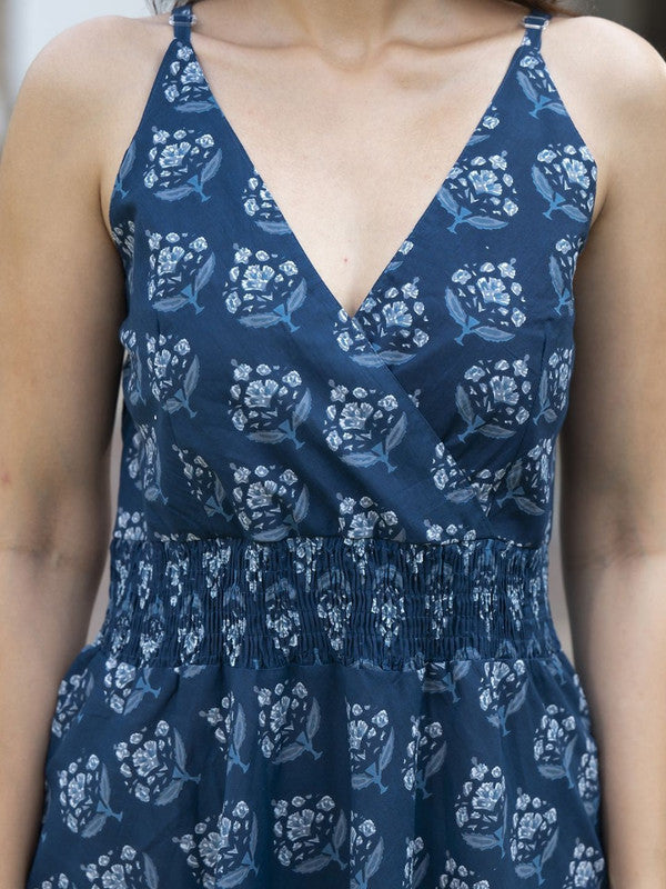 Navy Blue with Half White Coloured Pure Cotton with Floral Print Shoulder Straps Sleeveless Women Party/Casual wear Fit & Flare Western Midi Dress!!