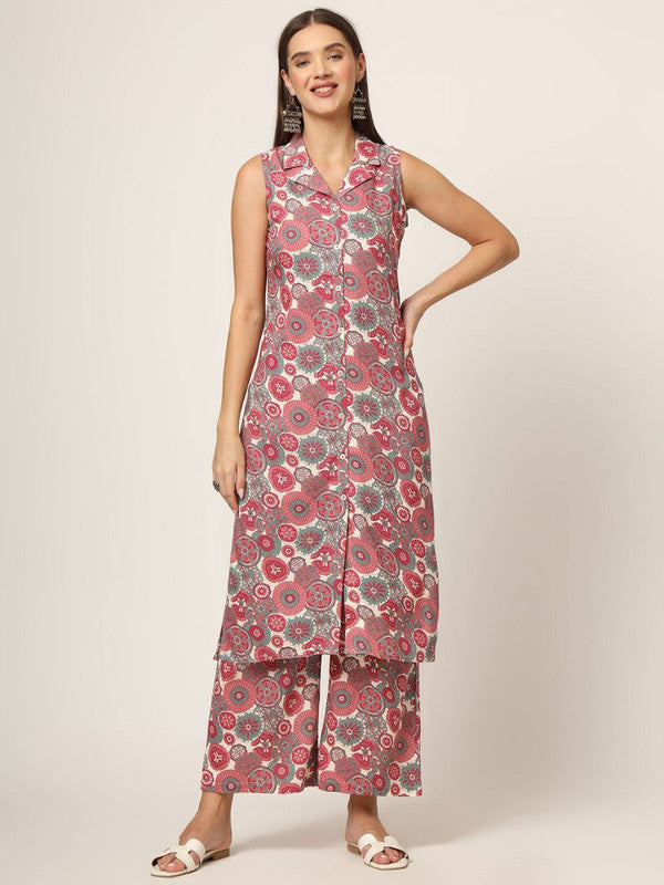 Maroon & White Coloured Viscose Rayon with Floral printed Lapel Collar Sleeveless Women Designer Party/Casual wear Straight Shape Kurta with Trousers!!