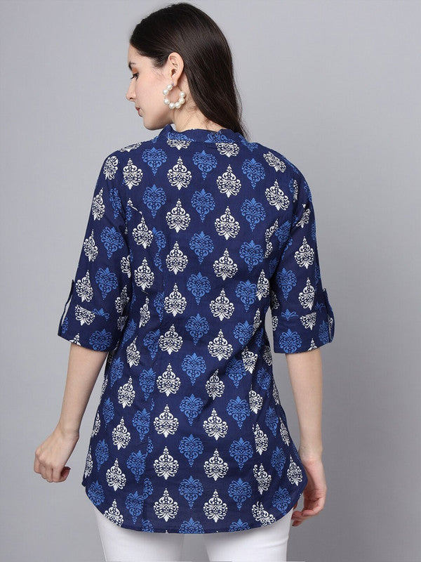 Blue Coloured Pure Cotton with Ethnic Motifs Printed Mandarin collar Three-quarter roll-up sleeves Women Casual/Daily wear Western Shirt Style Top!!