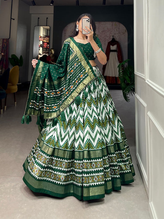 Dark Green & Multi Coloured Tussar Silk Leheriya With Foil Print Woman Designer Party wear Lehenga choli & Dupatta!!