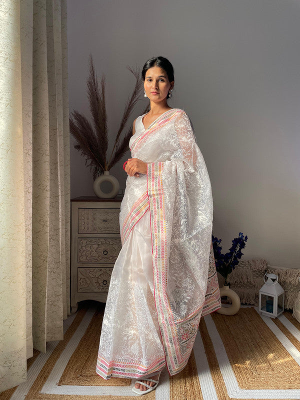 White & Multi Coloured Organza Cotton with Lucknowi & Multi Thread Work Women Party/Fancy wear Organza Saree with Silk Blouse!!