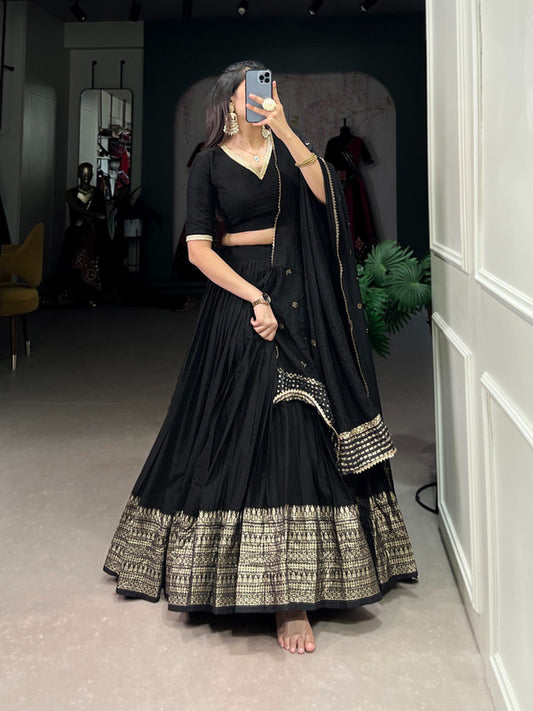 Black Coloured Pure Chanderi with Plain & Intricate Zari Work Border Women Ethnic Festival wear Lehenga Choli & Dupatta!!