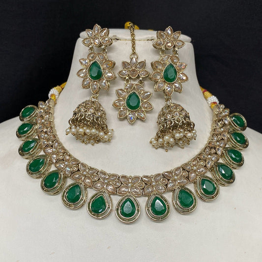 Green Coloured Pure Reverse American Diamonds Mehendi Design with Real Kundan Stones Women Designer Choker with Jhumka Earrings Set & Matha Patti!!