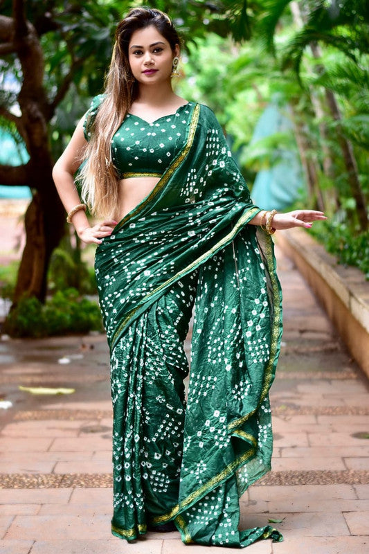 Green Coloured Premium Silk with Beautiful Bandhani Print Women Party/Festival wear Silk Saree with Runing Blouse!!