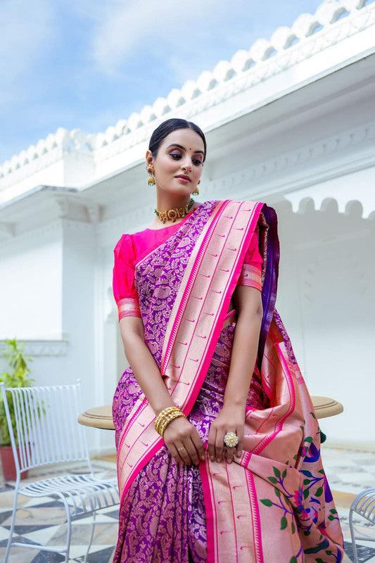 Purple & Multi Coloured Soft Kanjivaram Silk with Rich Paithani Pallu Women Ethnic/Festival wear Soft Silk Saree with Contrast Blouse!!