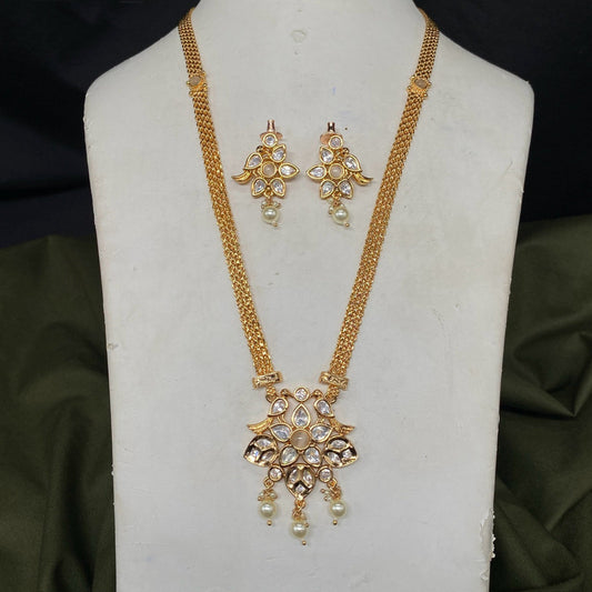 Gold & White Coloured Pure Brass with Real Kundan Stones Women Designer Gold Plated Long Hara with Earrings Set!!