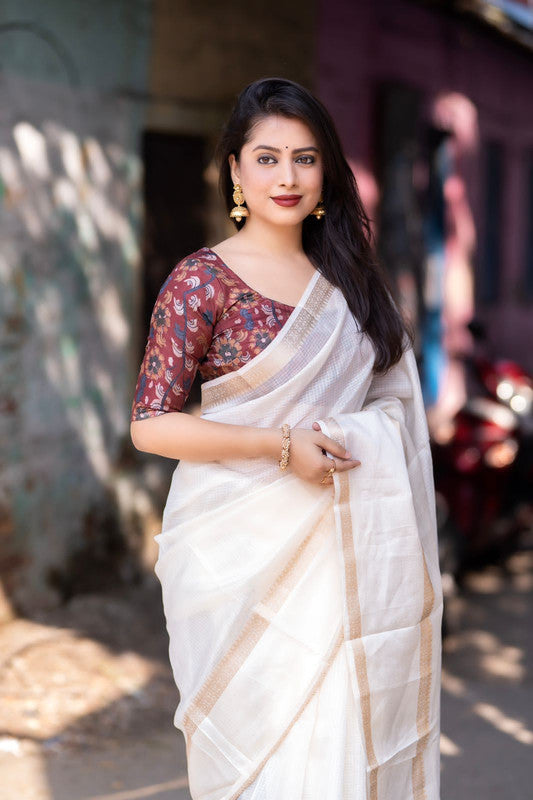 Off White Coloured Kota Silk with Zari & Shine Sartin Woven Bentex Border Women Ethnic/Festival wear Plain Kota Silk Saree with Kalamkari Blouse!!