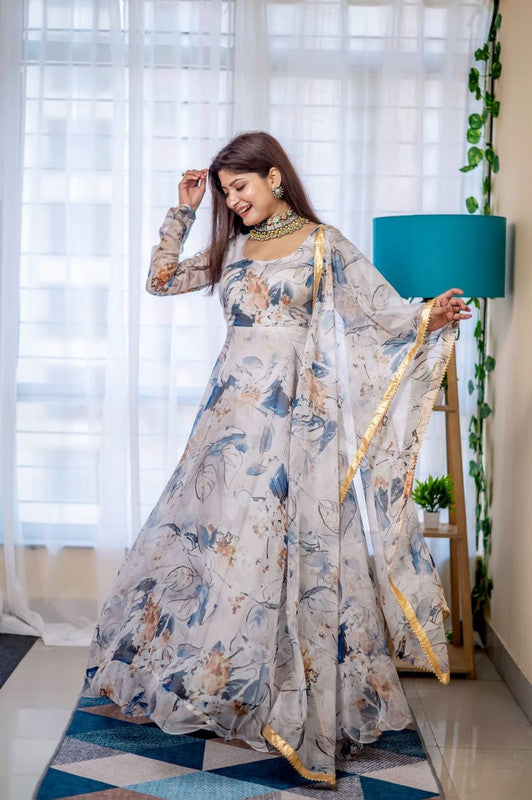 Grey with Blue & Multi Coloured Organza Taby Silk with Digital Print Full Sleeves Women Wedding/Party wear Anarkali Gown Kurti with Bottom & Dupatta!!