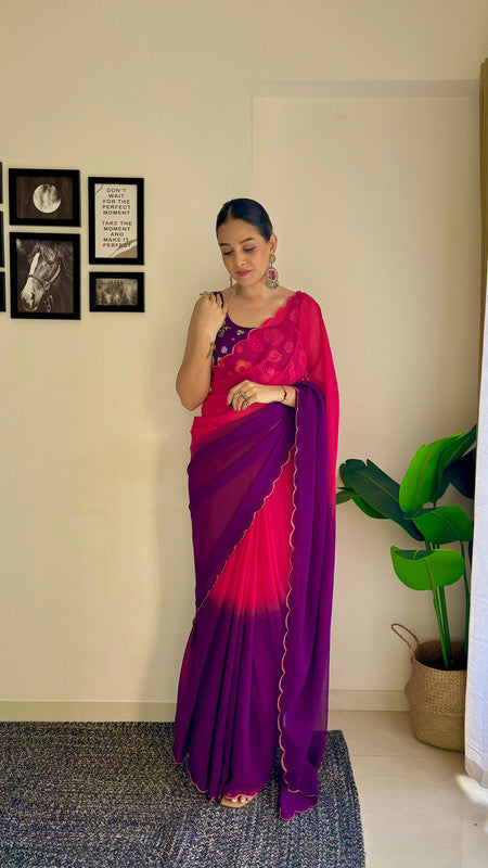 Purple with Red Coloured Shaded Faux Georgette with Fancy Arco Border Women Fancy/Party wear Saree with Blouse!!