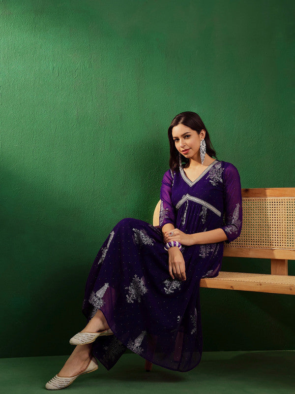 Purple Coloured Milky Georgette Zari Embroidered with Foil Printed Women Designer Party/Casual wear Alia Cut Kurta with Palazzo Set!!