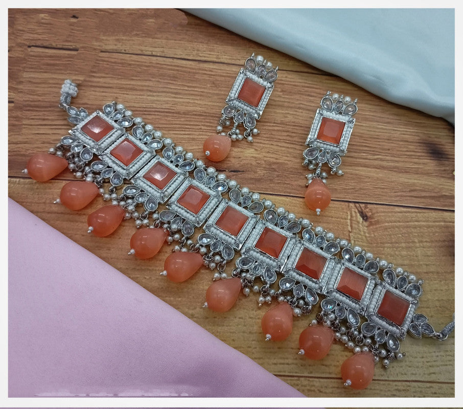 Peach Coloured Real Kundan Reverse American Diamonds Silver Plated Women Designer Beautiful Choker Set with Earrings!!