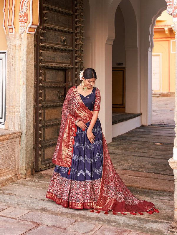 Blue & Multi Coloured Tussar Silk Dot And Ajarakh With Foil Print Woman Designer Party wear Lehenga choli & Dupatta!!