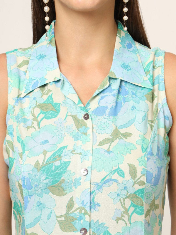 Green Coloured Viscose Rayon with floral print Shirt collar Sleeveless Knee length in flared hem Women Designer Party/Casual wear Western Shirt Dress!!