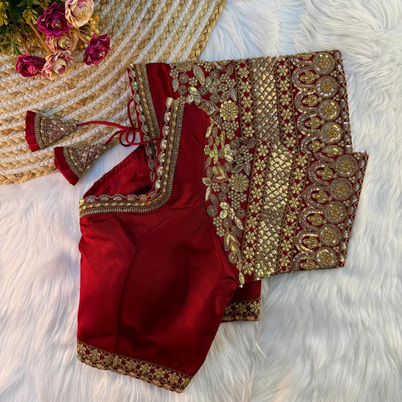 Maroon Coloured Pure Soft Italian Silk with Tricot Fuising & Codding Embroidery + Thread & Sequence Work Woman Designer Bridal Ready made Blouse - 40 Size Fits Up to 42 Inch!!