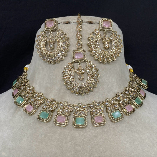 Pista Green with Pink Coloured Pure Reverse American Diamonds Mehendi Design with Real Kundan Stones Women Designer Choker with Earrings & Matha Patti!!