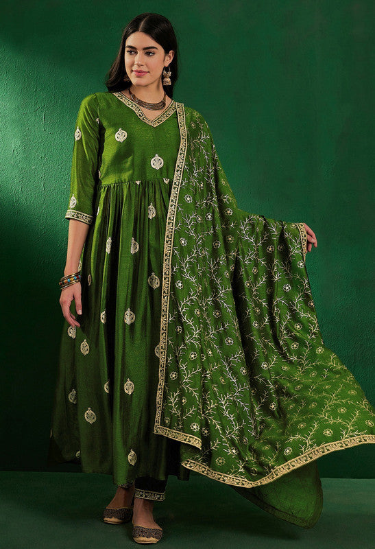 Green Coloured Vichitra Zari Sequence Embroidery With Printed Women Designer Party/Casual wear A Line Kurta with Pant & Dupatta Set!!