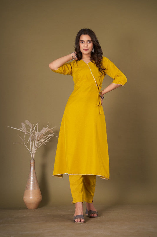 Mustard Yellow Coloured Ashika Crepe with Gota Lace V Neck 3/4 Sleevs Women Designer Party/Casual wear Gown Kurti!!