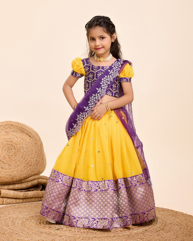 Mustard Yellow & Purple Coloured Soft Chinnon with Butta Embroidery & Heavy Zari Work Designer Girls Kids Designer Ethnic wear Lahenga with Blouse & Dupatta set!!