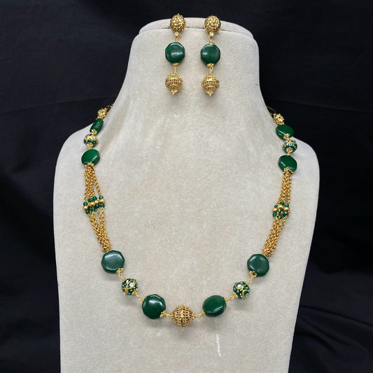 Gold & Green Coloured Pure Brass with Perals & Gold Plated Women Designer Beautiful Mala Set with Earrings!!