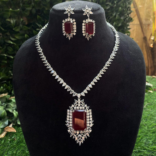 White with Maroon Coloured Real Kundan American Diamonds with CZ Silver Plated Women Designer Beautiful Necklace Set with Earrings!!