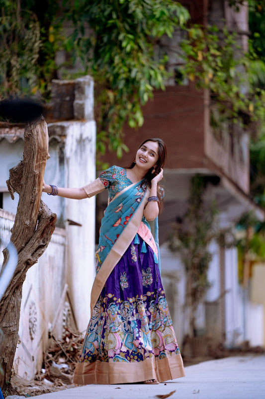 Blue & Multi Coloured Dola Silk with Kalamkari Print With Weaving Border Women Ethnic Party wear Lehenga choli ( Half Saree) with Dupatta!!