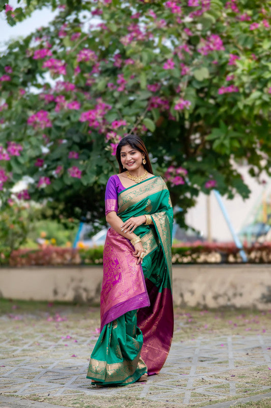 Green Coloured Soft Banarasi Katan Silk with Zari Woven & Rich Pallu Women Ethnic/Festival wear Soft Silk Saree with Blouse!!