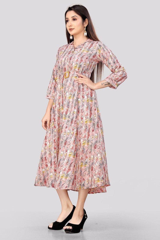 Pink & Multi Coloured Mill Print Cotton Rayon Collar Neck 3/4 Sleeves Women Party/Casual wear Tunic Top One Pice Midi dress!!