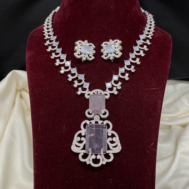 Light Purple Coloured Silver Plated Pure American Diamond with Emerald Stones & Real Kundan Women Designer Necklace set with earrings!!