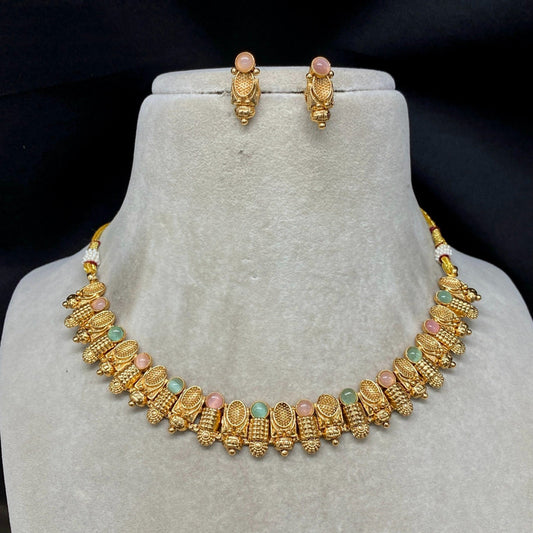 Gold & Multi Coloured Pure Brass and Copper with Real Kundan Stones Women Designer Gold Plated Choker with Earrings Set!!