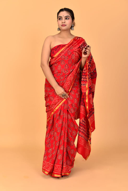 Red & Multi Coloured Pure Cotton with Jari Border & Print Women Party/Casual wear Cotton Saree with Runing Blouse!!