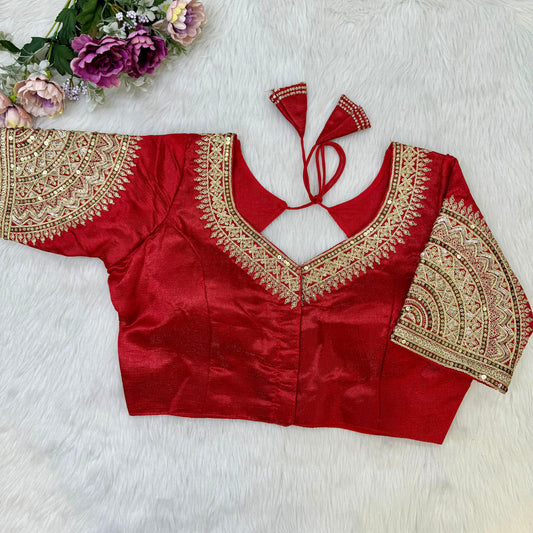 Red Coloured Heavy Soft Milan Silk with Tricot Fuising, Embroidery, Thread & Sequence Woman Designer Partywear Ready made Blouse - 40 Size Fits Up to 42 Inch!!