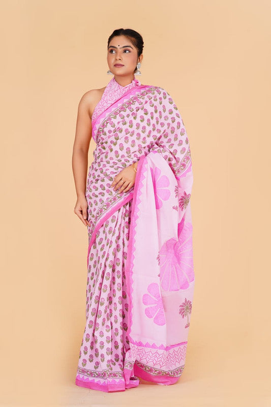 Pink & Multi Coloured Pure Cotton with Beautiful Applique Hand Cut Work Women Party/Casual wear Hand Block Printed Cotton Saree with Blouse!!